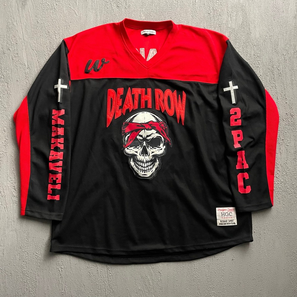 Vintage 2Pac Death Row Hockey Jersey Mens 6XL Black Red Modern Headgear Classics